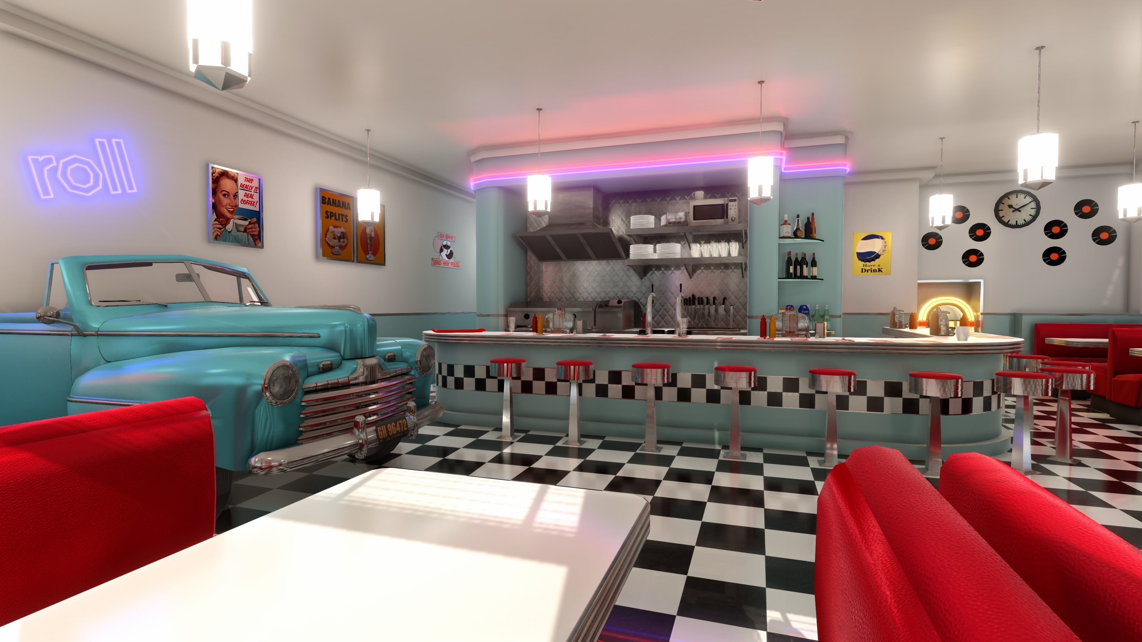Diner building in middle of street Low-poly 3D model_3