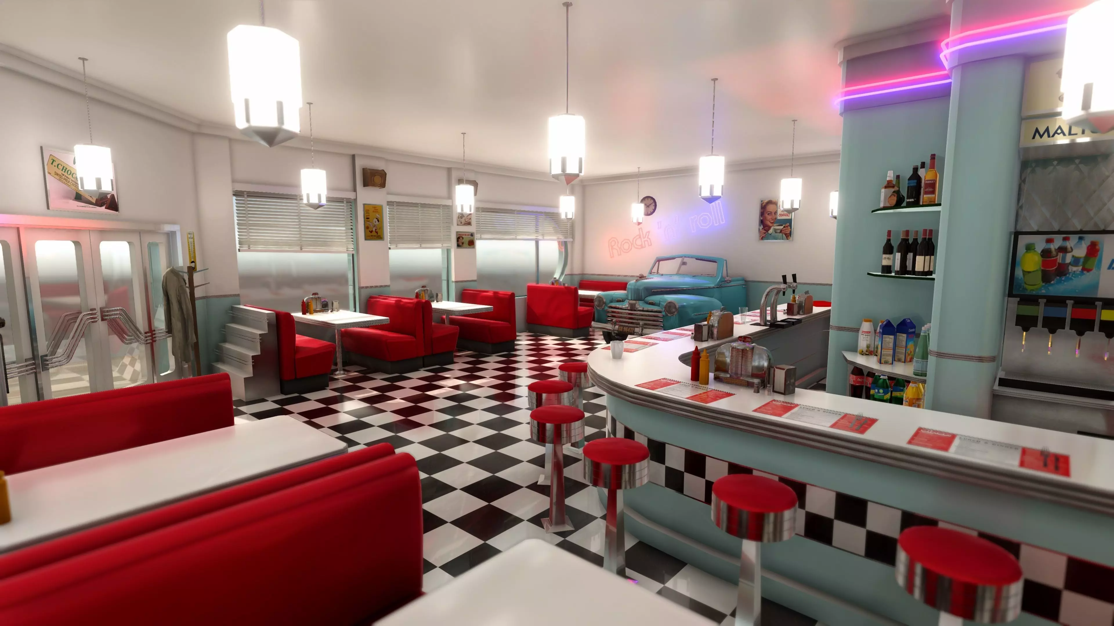 Diner building in middle of street Low-poly 3D model_0