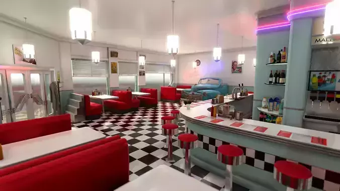 Diner building in middle of street Low-poly 3D model