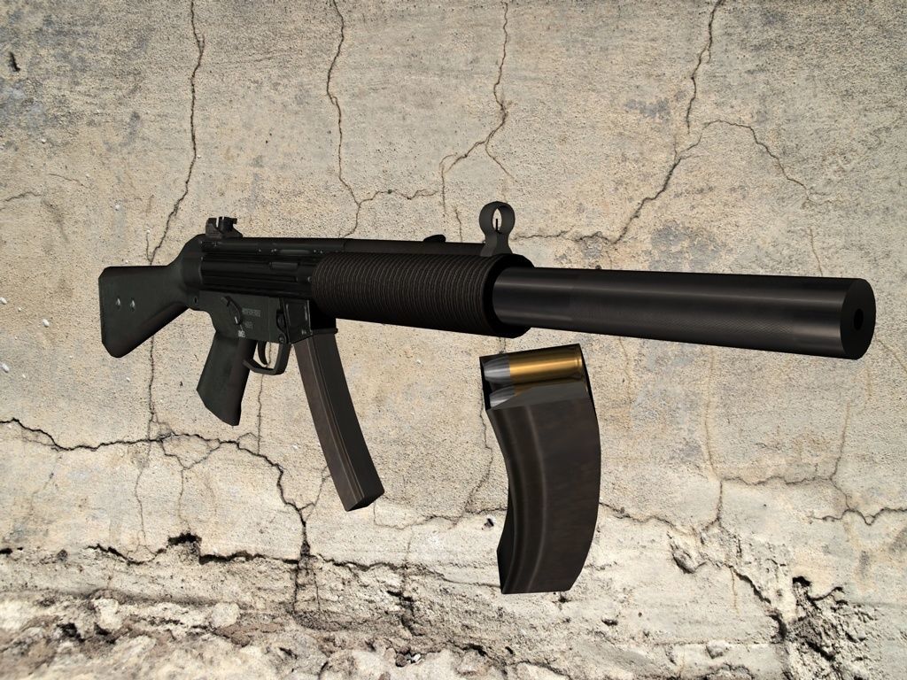 MP5-SD gun on concrete wall Low-poly 3D model_2