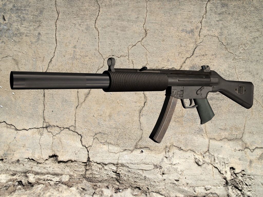 MP5-SD gun on concrete wall Low-poly 3D model_8