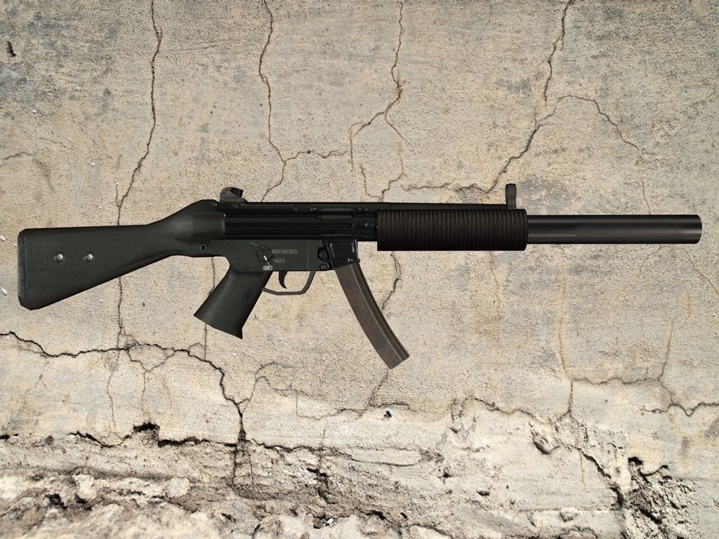 MP5-SD gun on concrete wall Low-poly 3D model_1