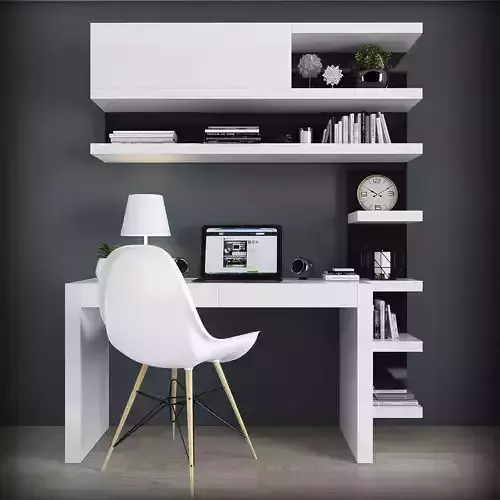 Workplace office desk with bookshelves Low-poly 3D model
