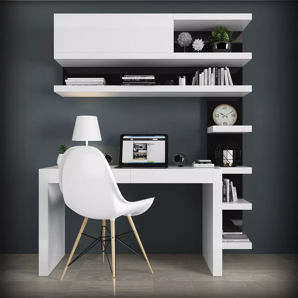 Workplace office desk with bookshelves Low-poly 3D model_0