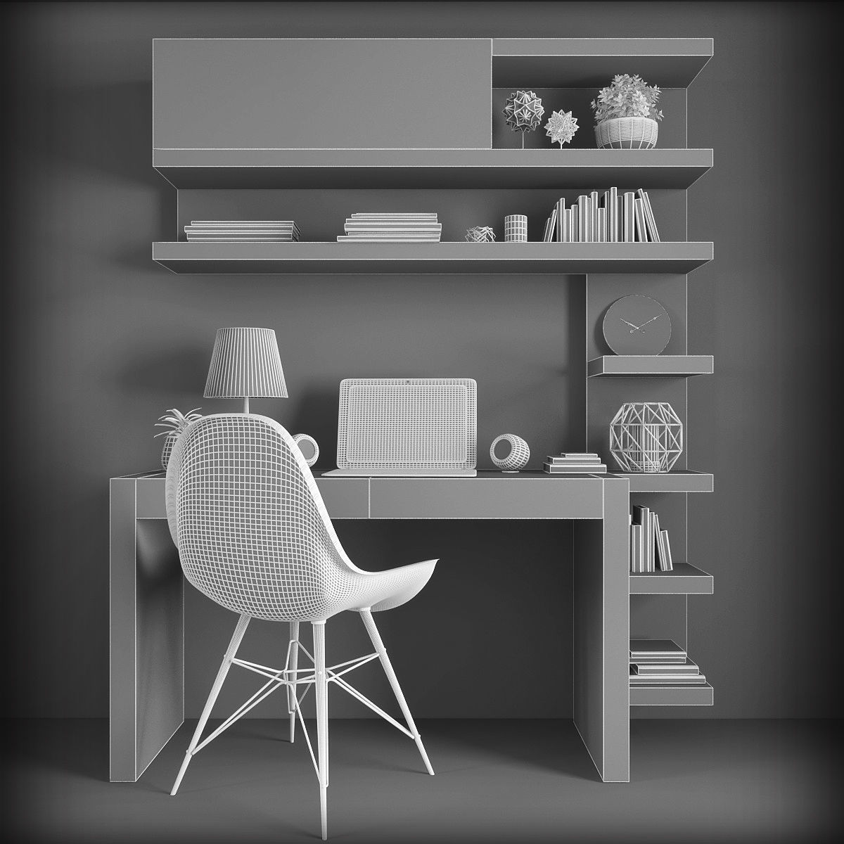 Workplace office desk with bookshelves Low-poly 3D model_1