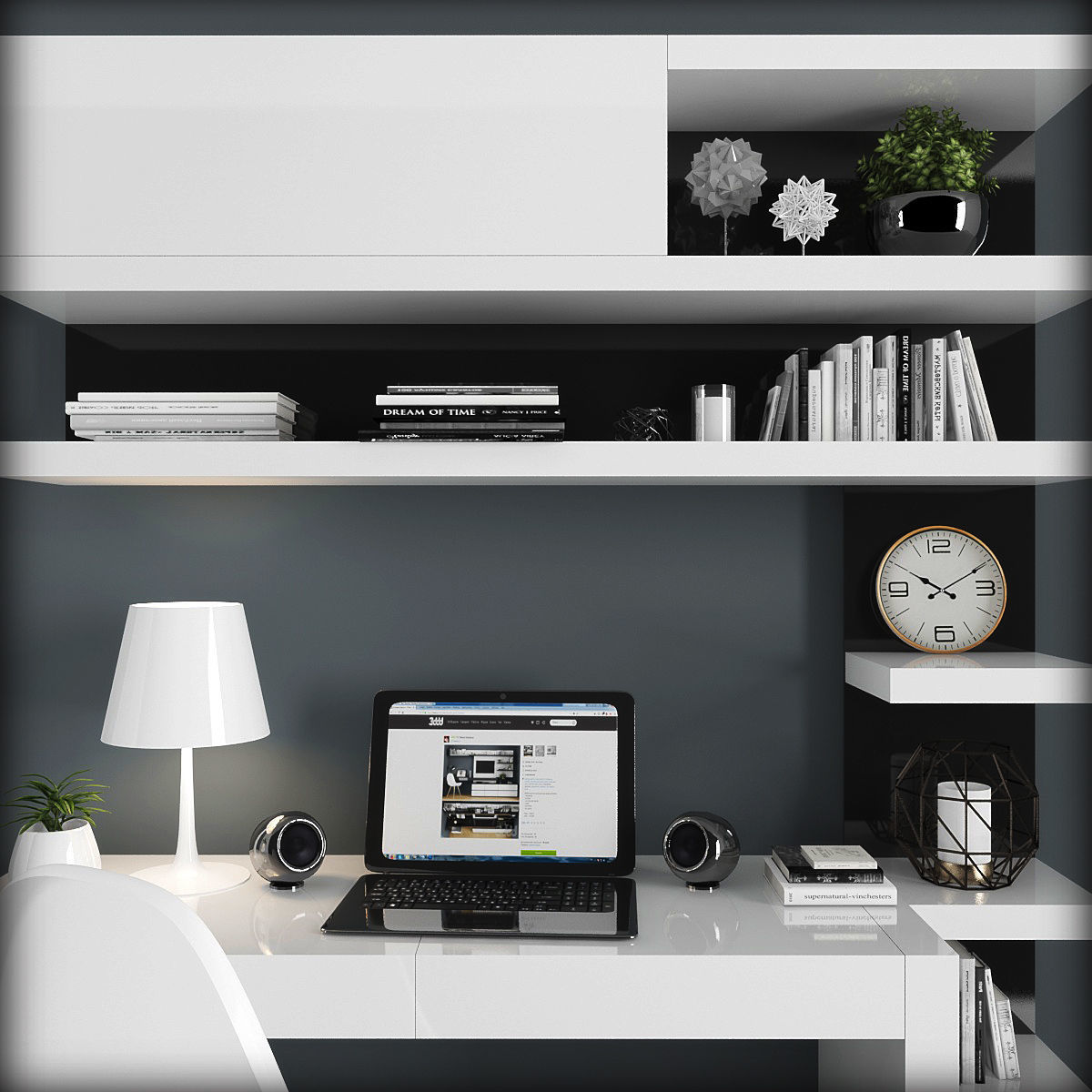 Workplace office desk with bookshelves Low-poly 3D model_2
