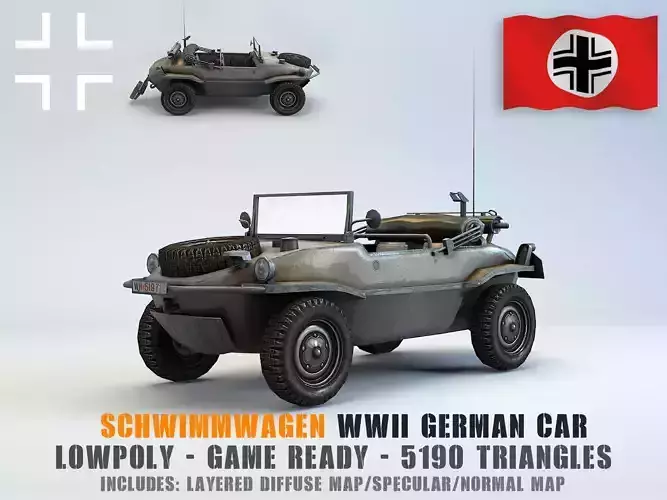 Low Poly VW Type 166 Schwimmwagen Low-poly 3D model