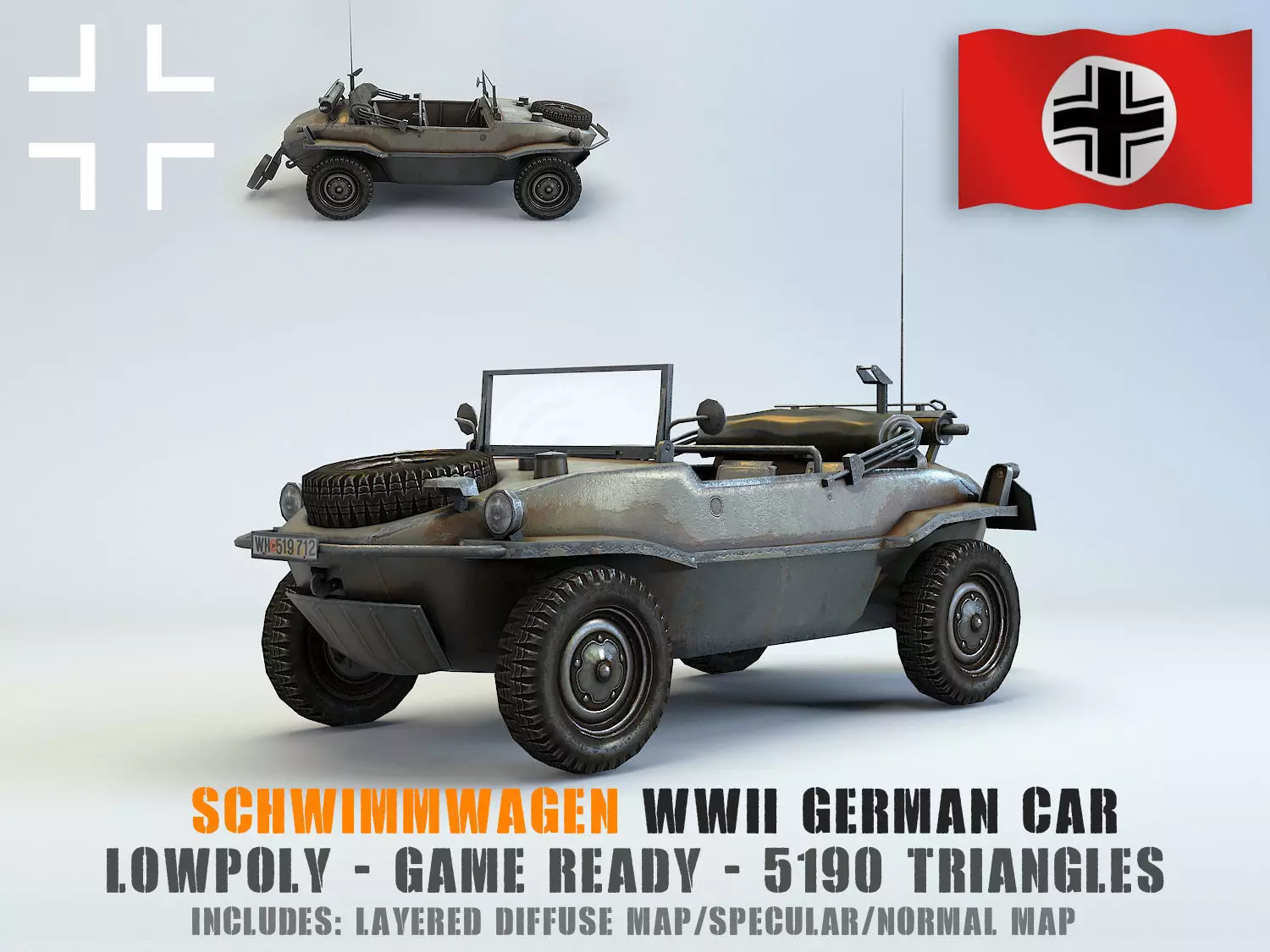 Low Poly VW Type 166 Schwimmwagen Low-poly 3D model_0