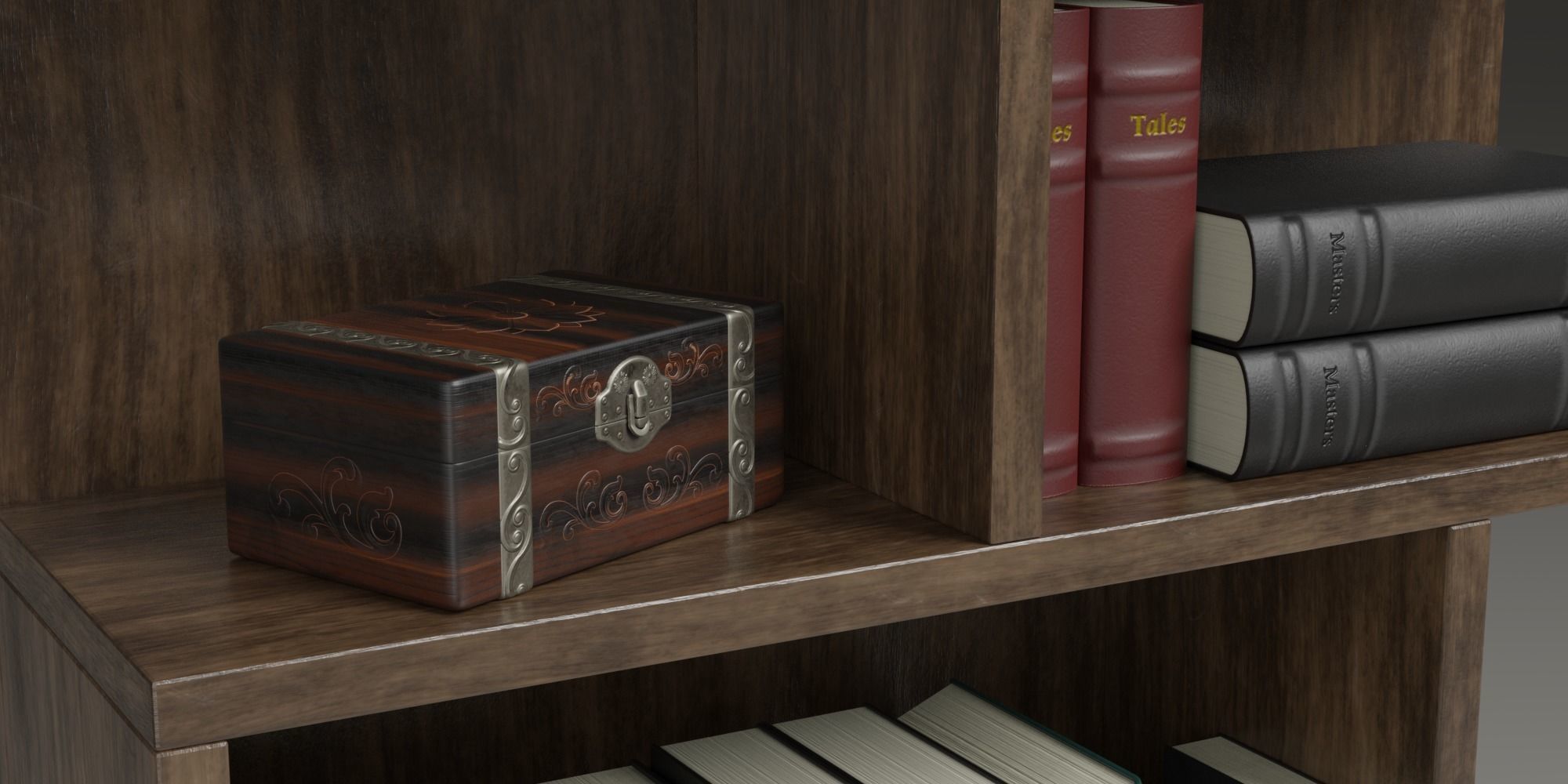 High poly photo realistic book-shelf with books and props 3D model_6