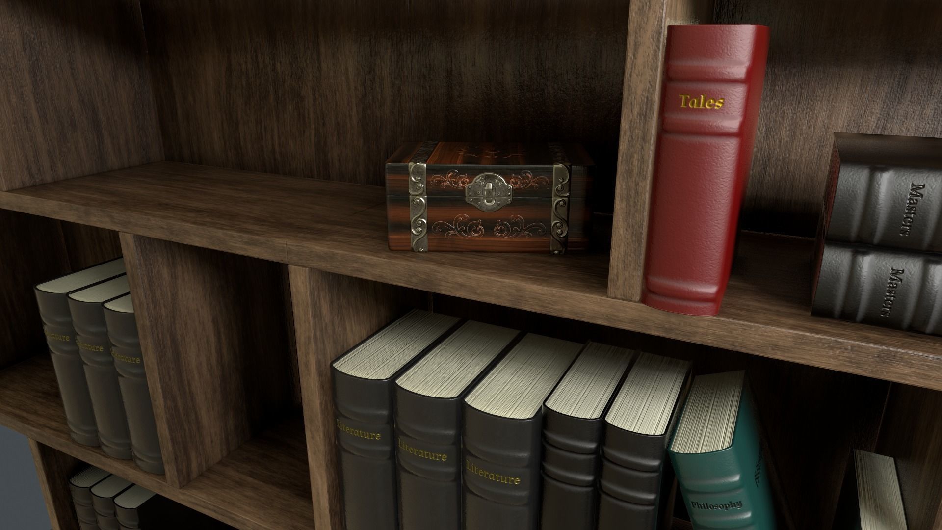 High poly photo realistic book-shelf with books and props 3D model_4
