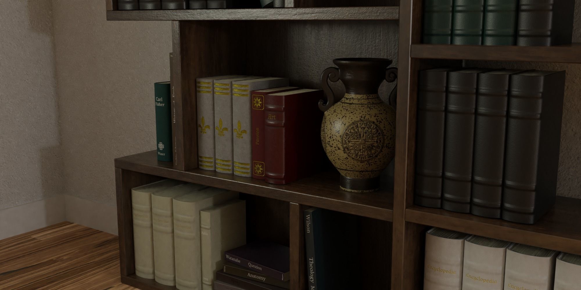 High poly photo realistic book-shelf with books and props 3D model_8