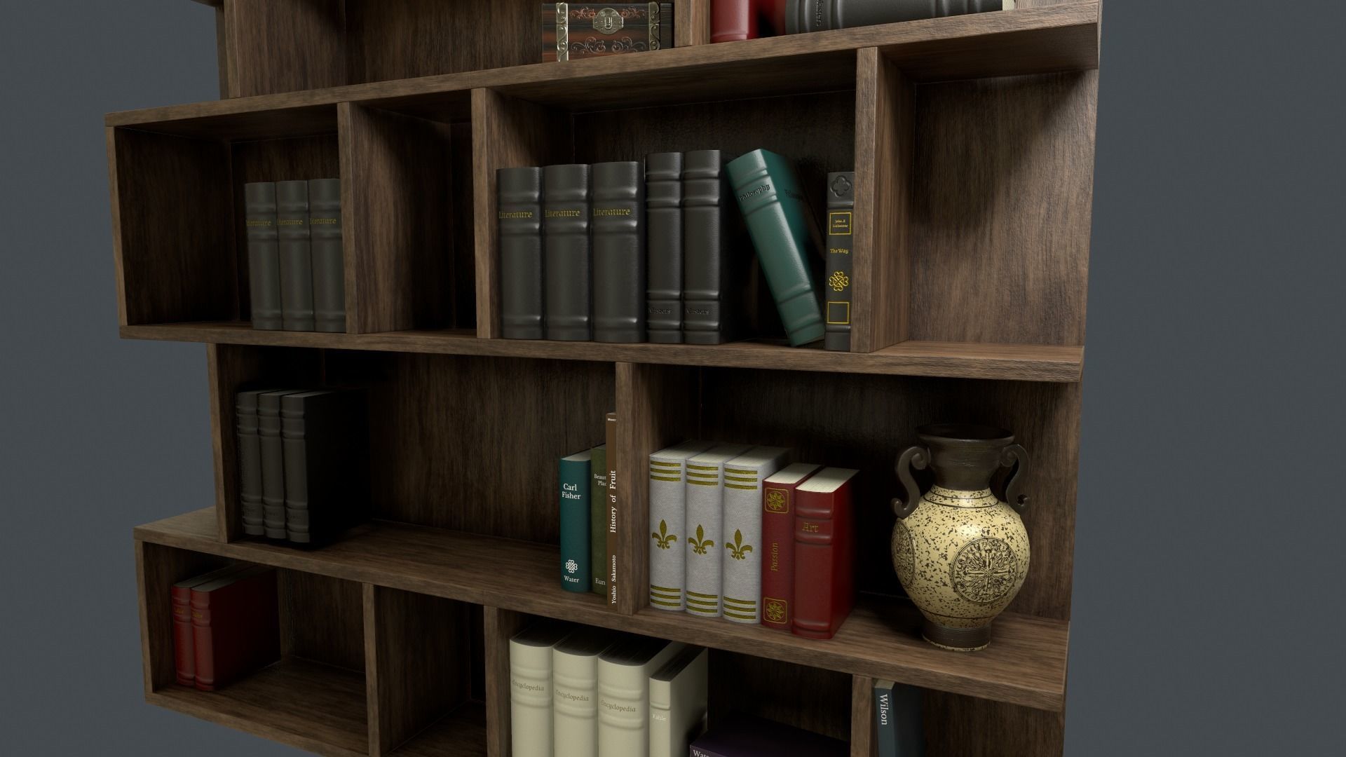High poly photo realistic book-shelf with books and props 3D model_3