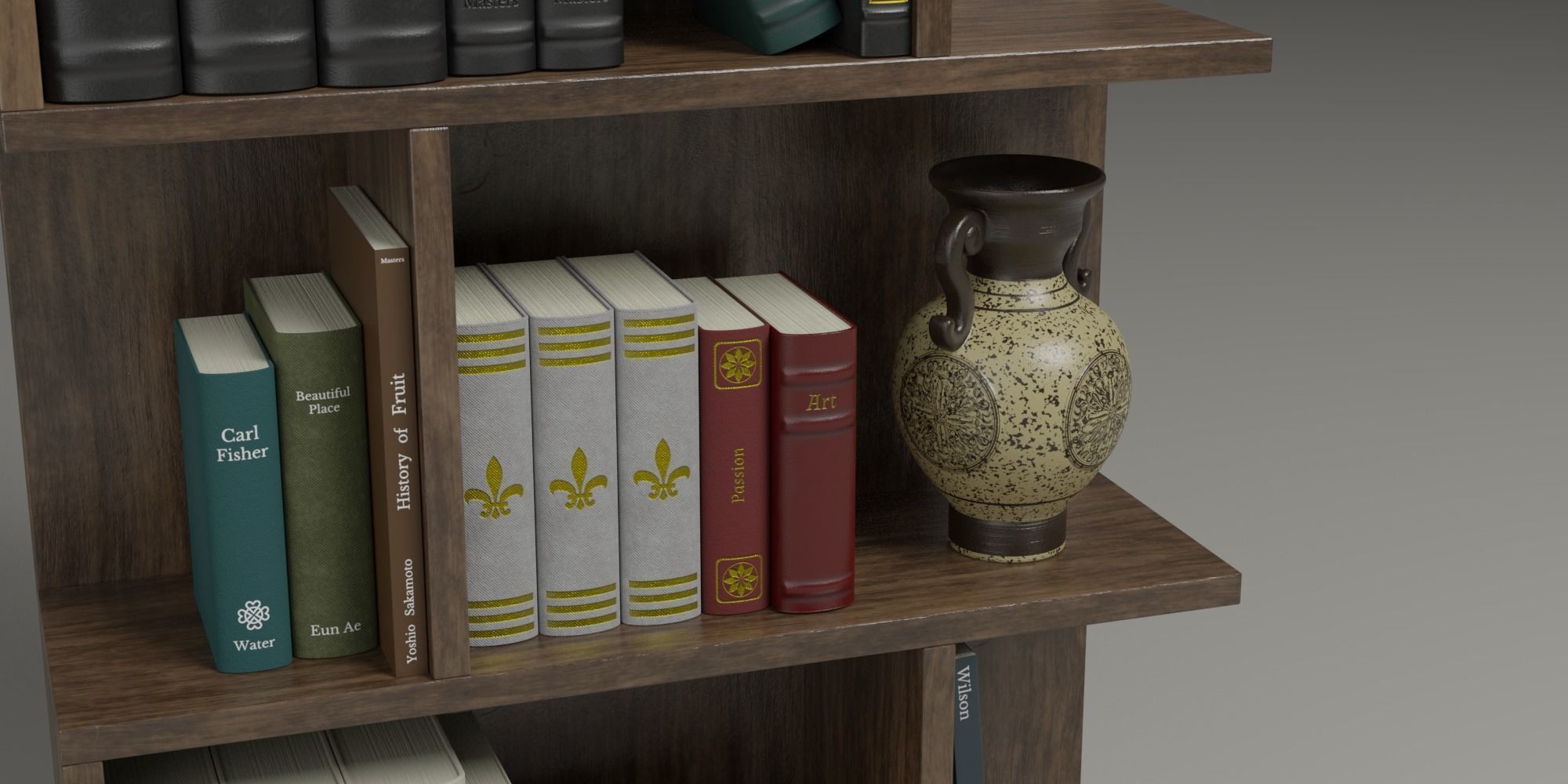 High poly photo realistic book-shelf with books and props 3D model_2