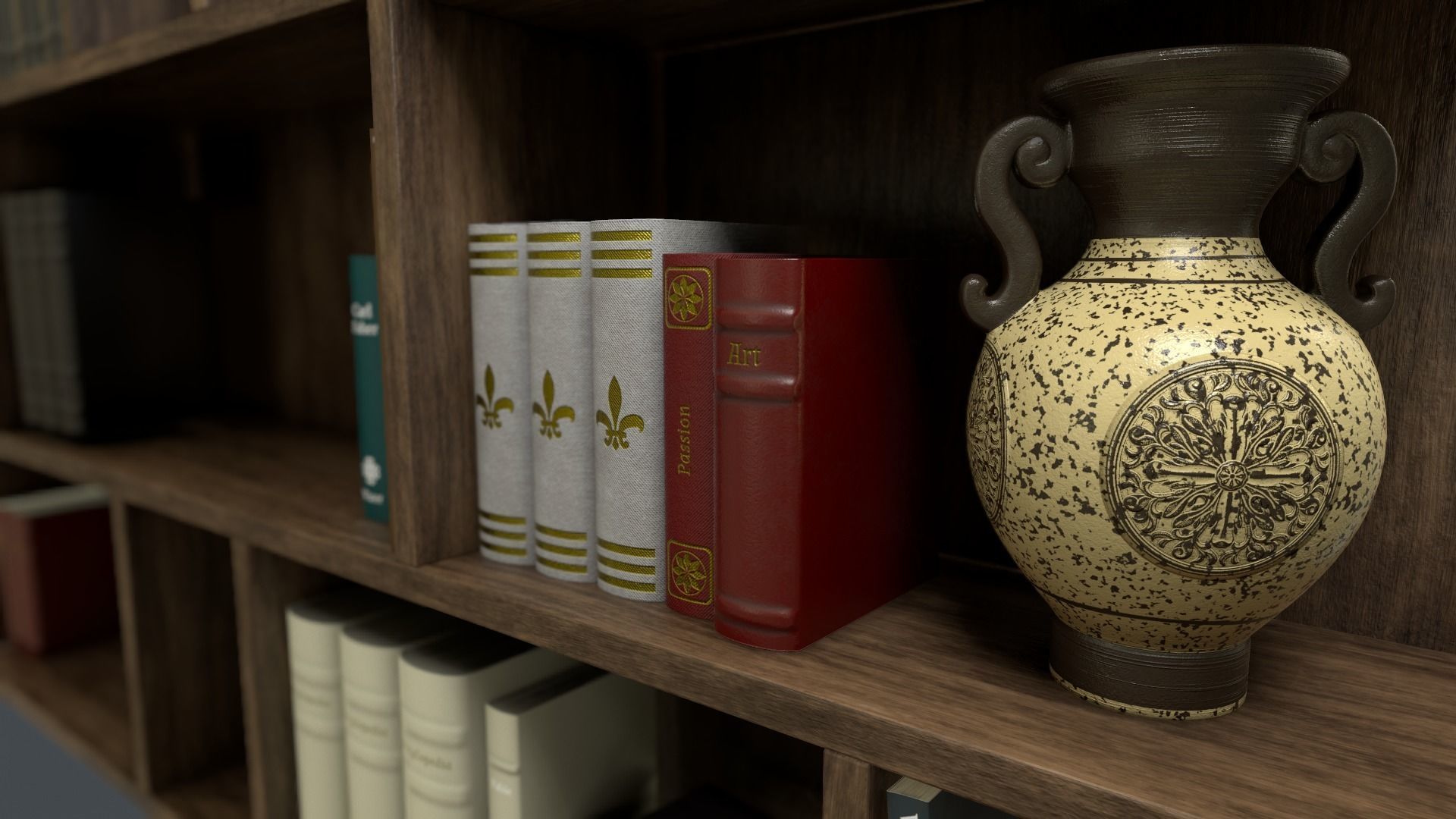 High poly photo realistic book-shelf with books and props 3D model_5