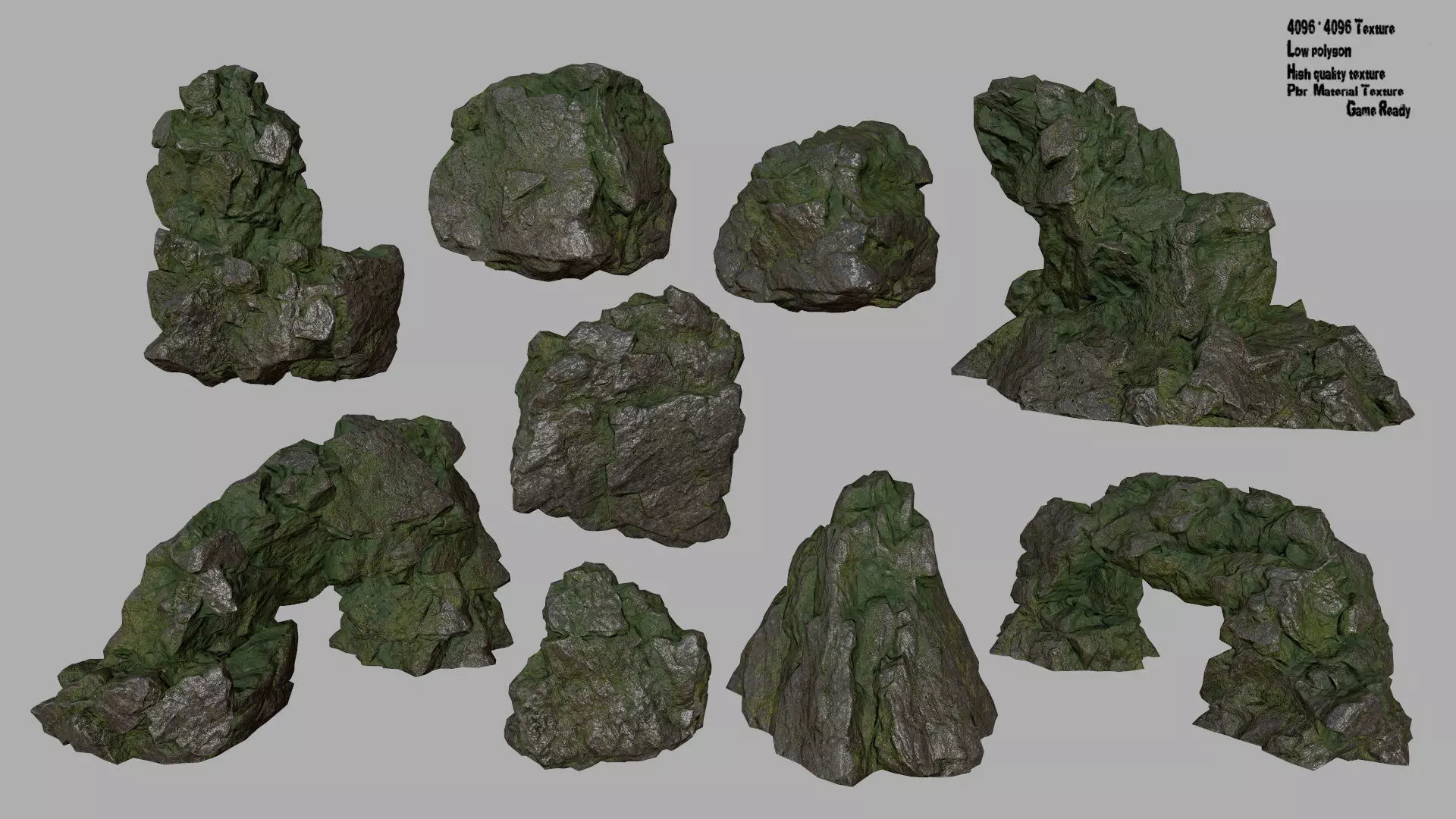 mossy rock set Low-poly 3D model_0