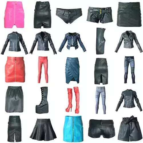 25 Shiny Clothing Items Skirts Boots Jackets Trousers Low-poly 3D model
