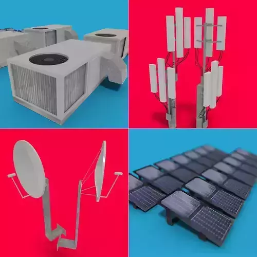 Satelite dish antennae solar power panels and Roof top elements