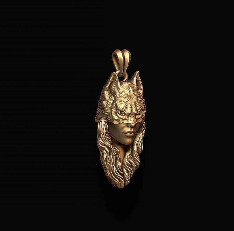 girl wolf pendant 3D print model_1