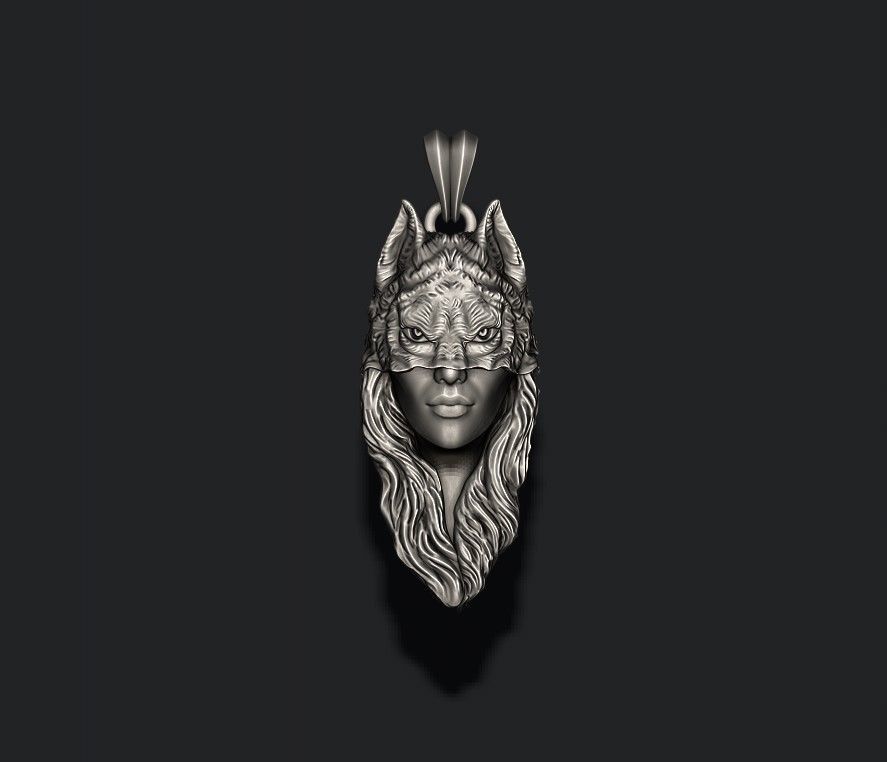girl wolf pendant 3D print model_2