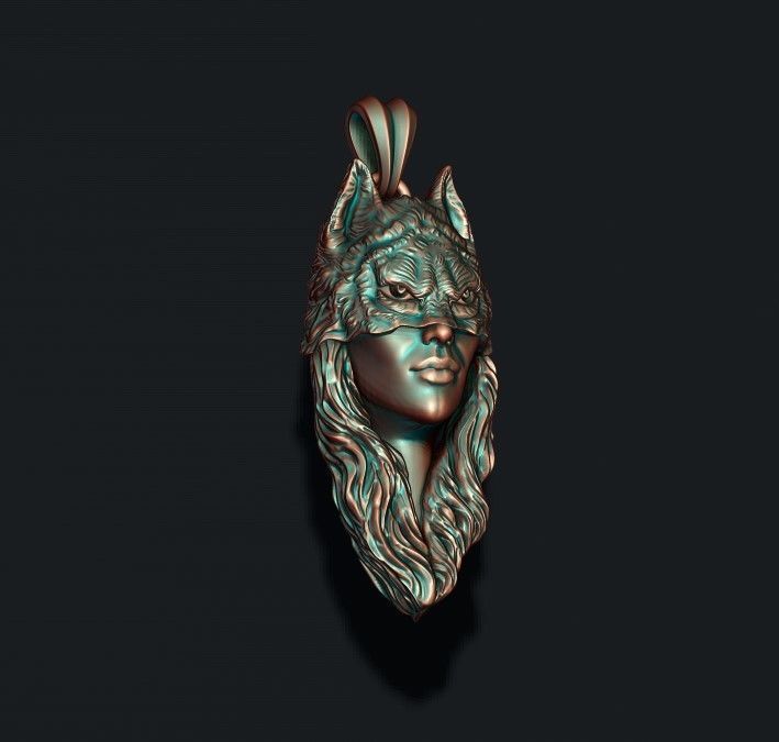 girl wolf pendant 3D print model_4