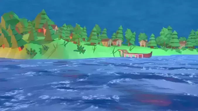 Village island with grass and trees Low-poly 3D model