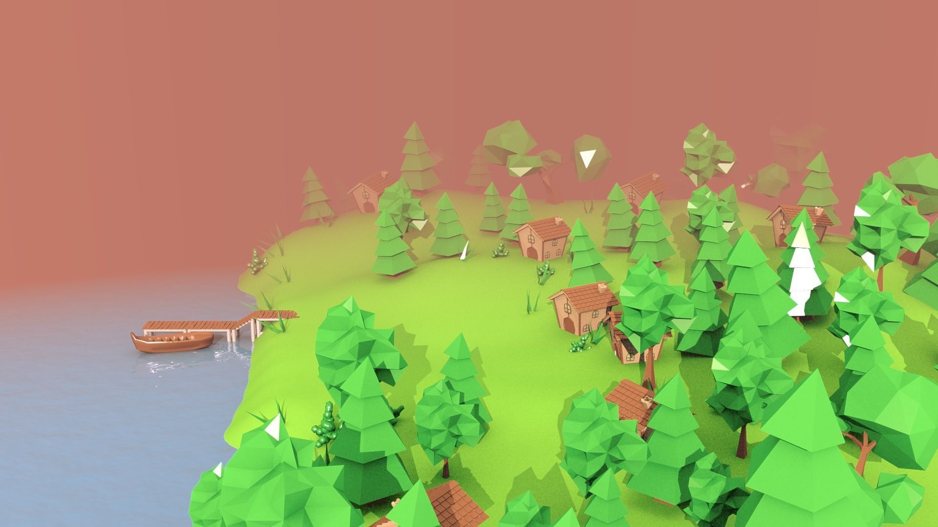 Village island with grass and trees Low-poly 3D model_7