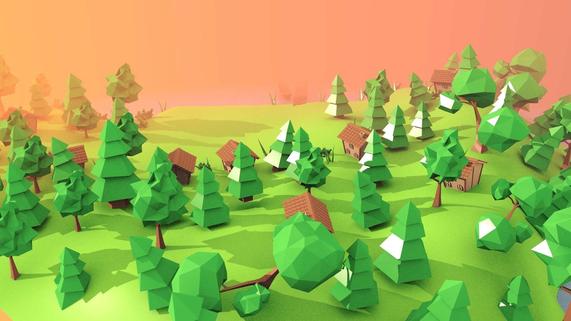 Village island with grass and trees Low-poly 3D model_8