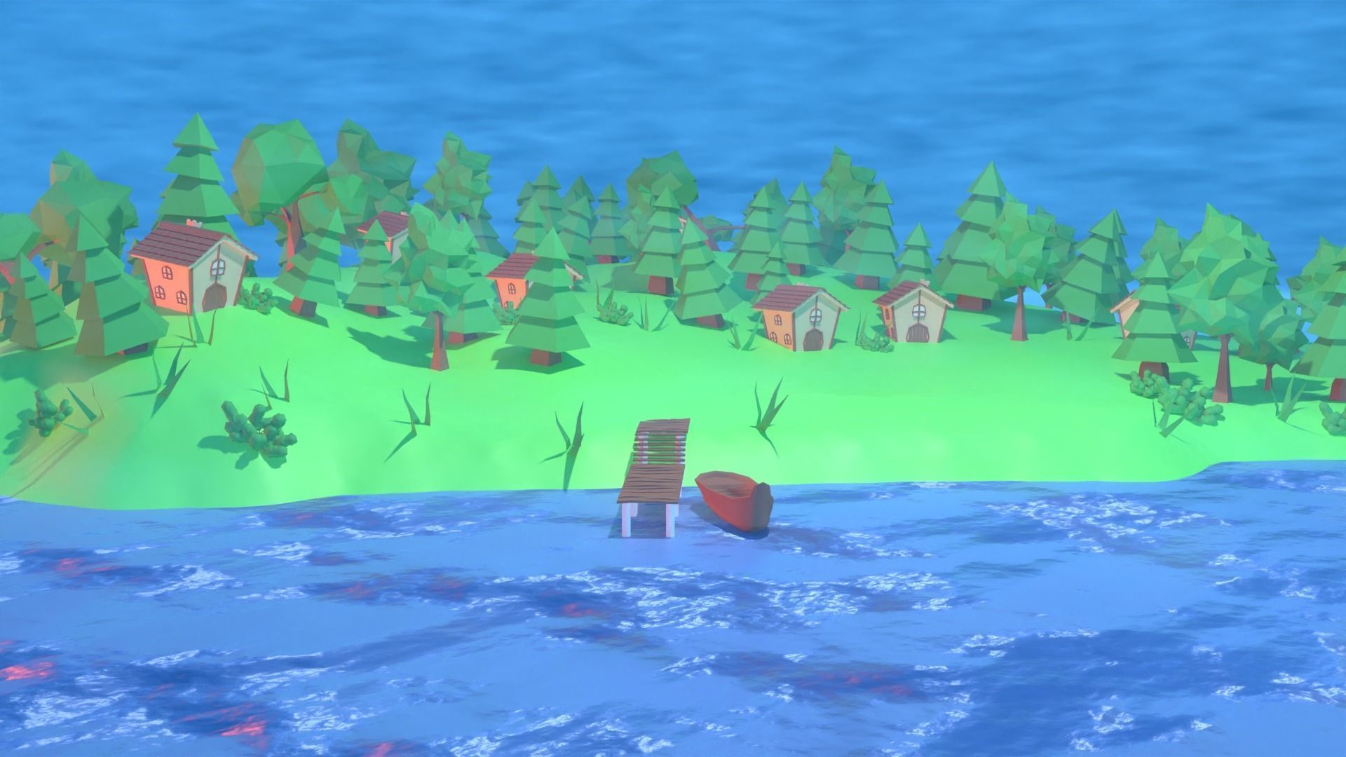Village island with grass and trees Low-poly 3D model_3