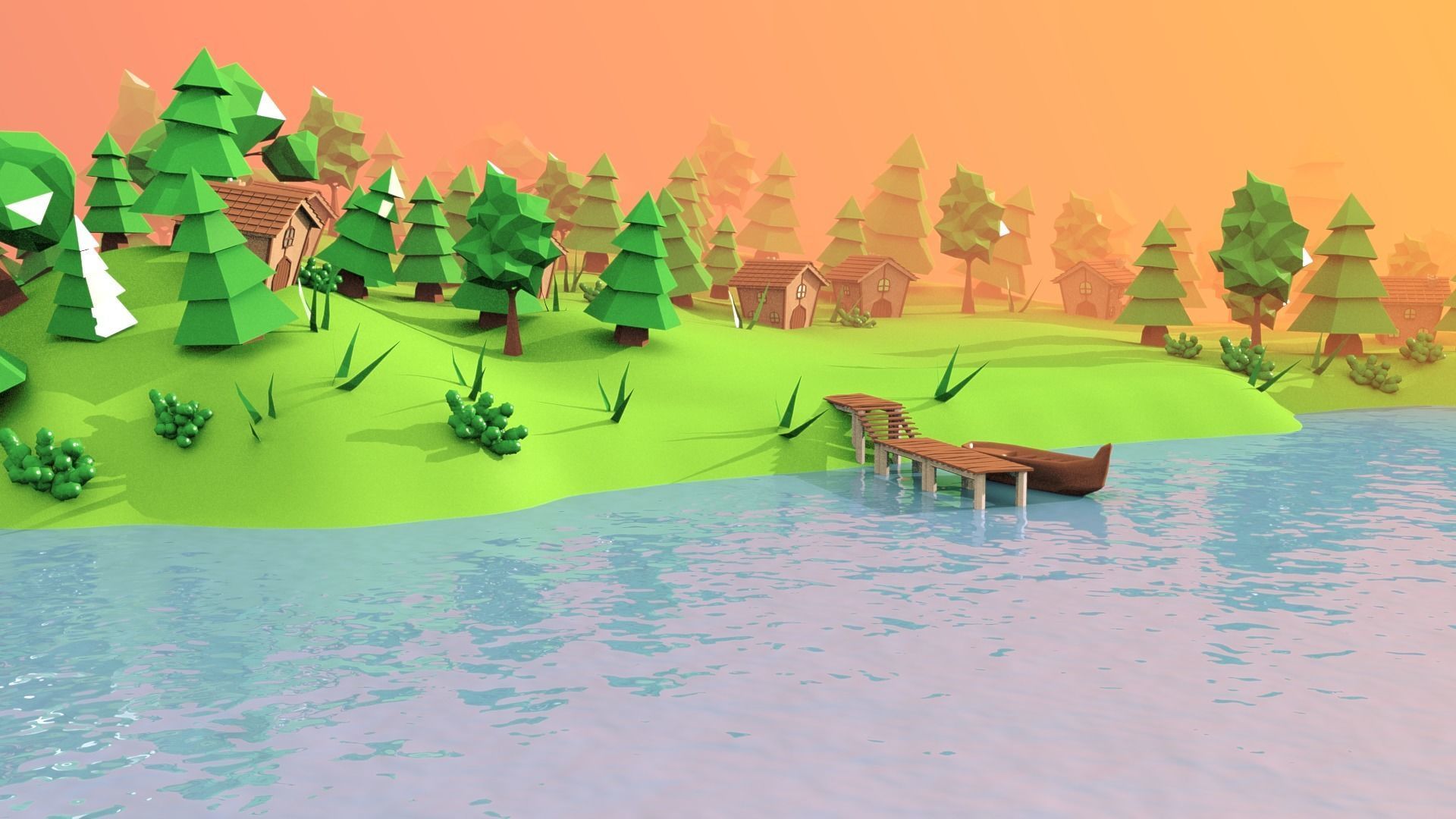 Village island with grass and trees Low-poly 3D model_6
