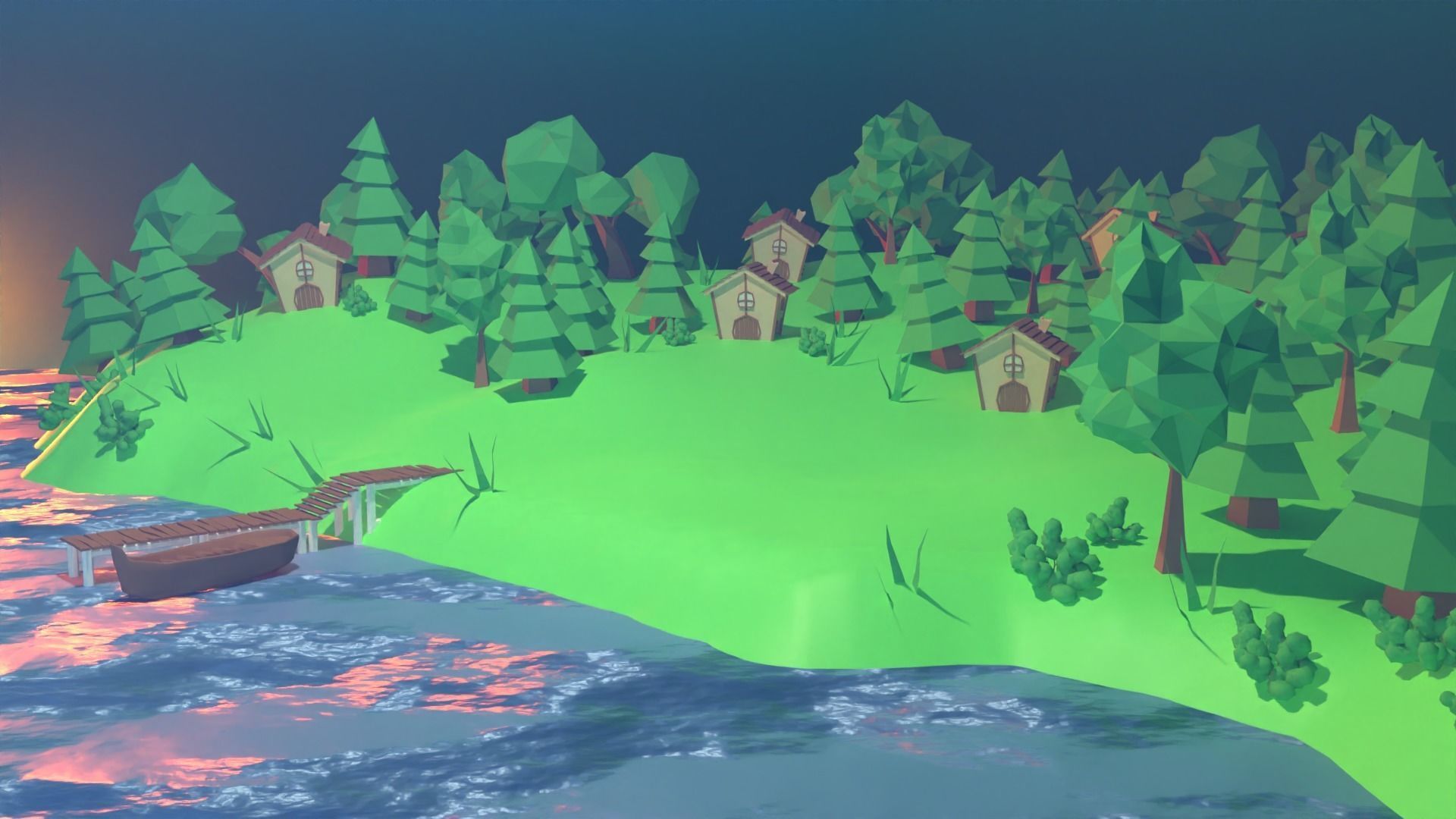 Village island with grass and trees Low-poly 3D model_4