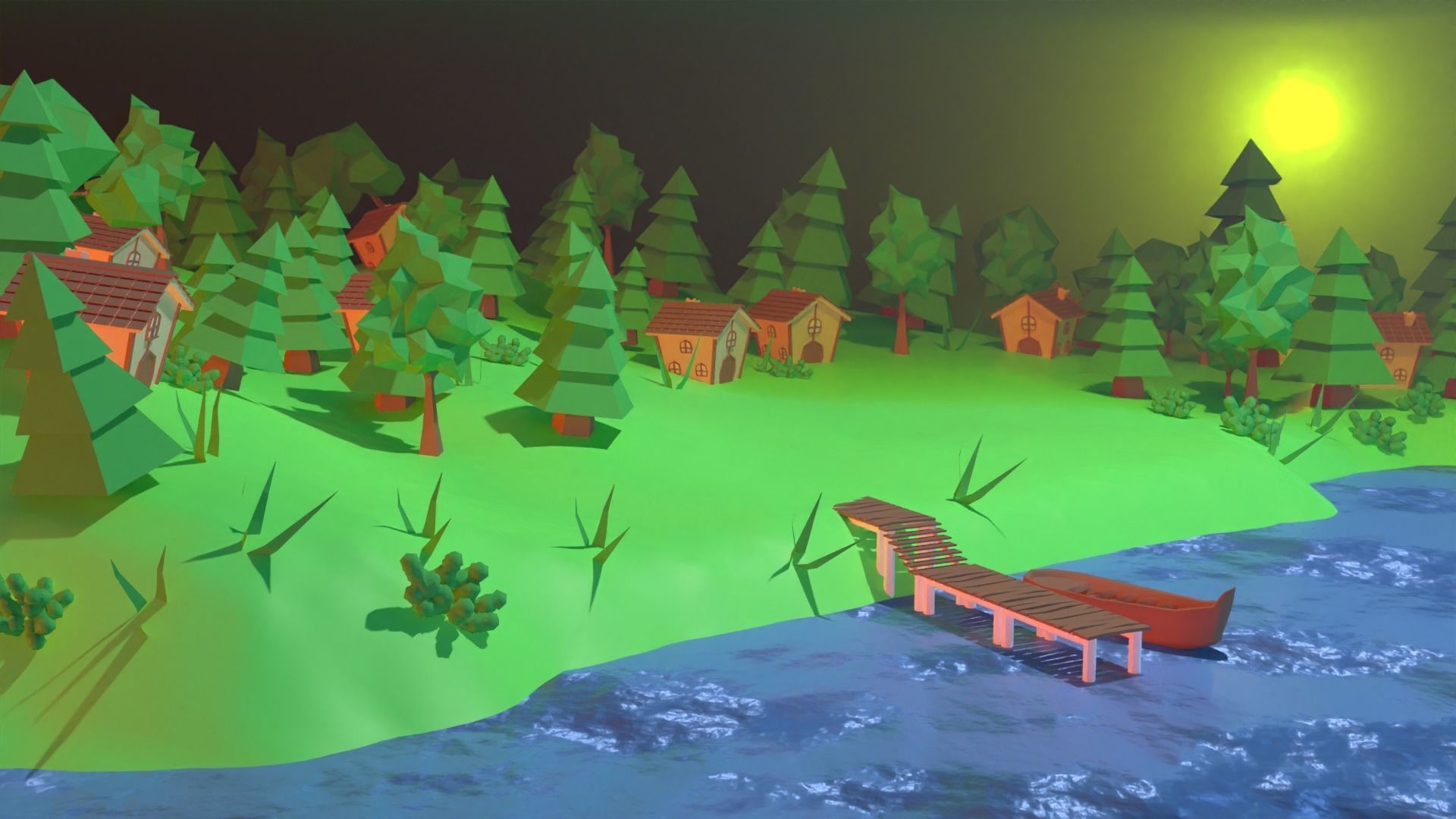 Village island with grass and trees Low-poly 3D model_9