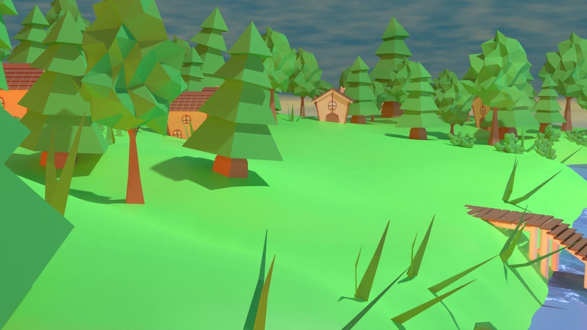 Village island with grass and trees Low-poly 3D model_5