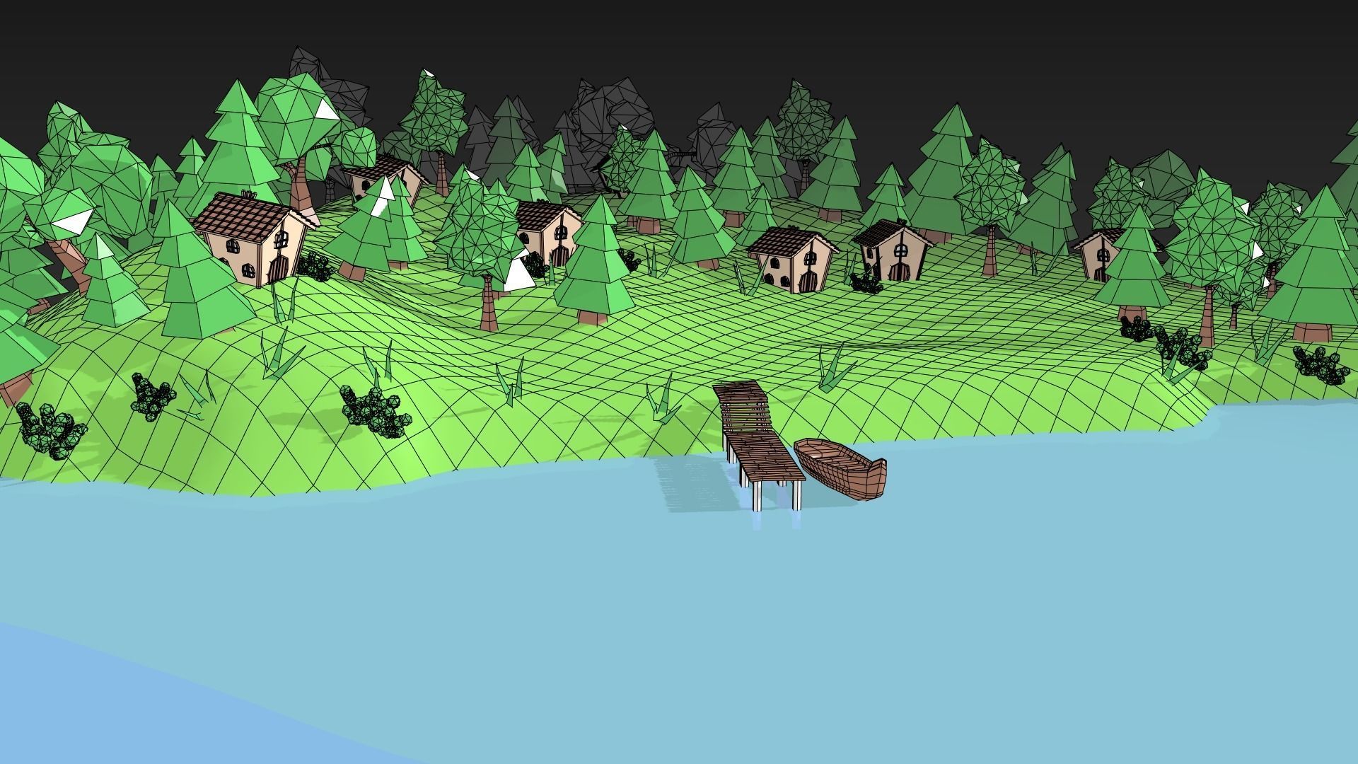 Village island with grass and trees Low-poly 3D model_12