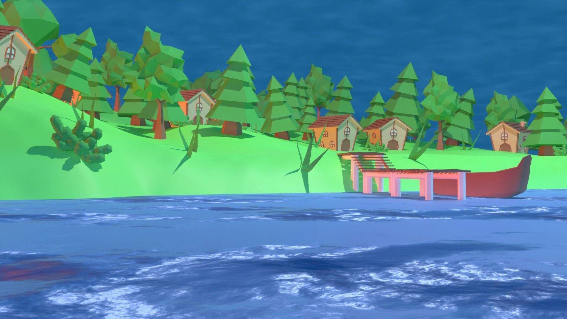 Village island with grass and trees Low-poly 3D model_2