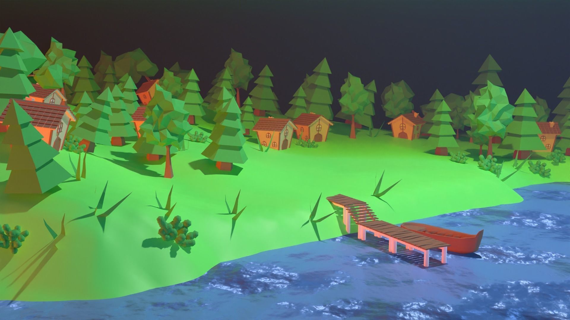 Village island with grass and trees Low-poly 3D model_1