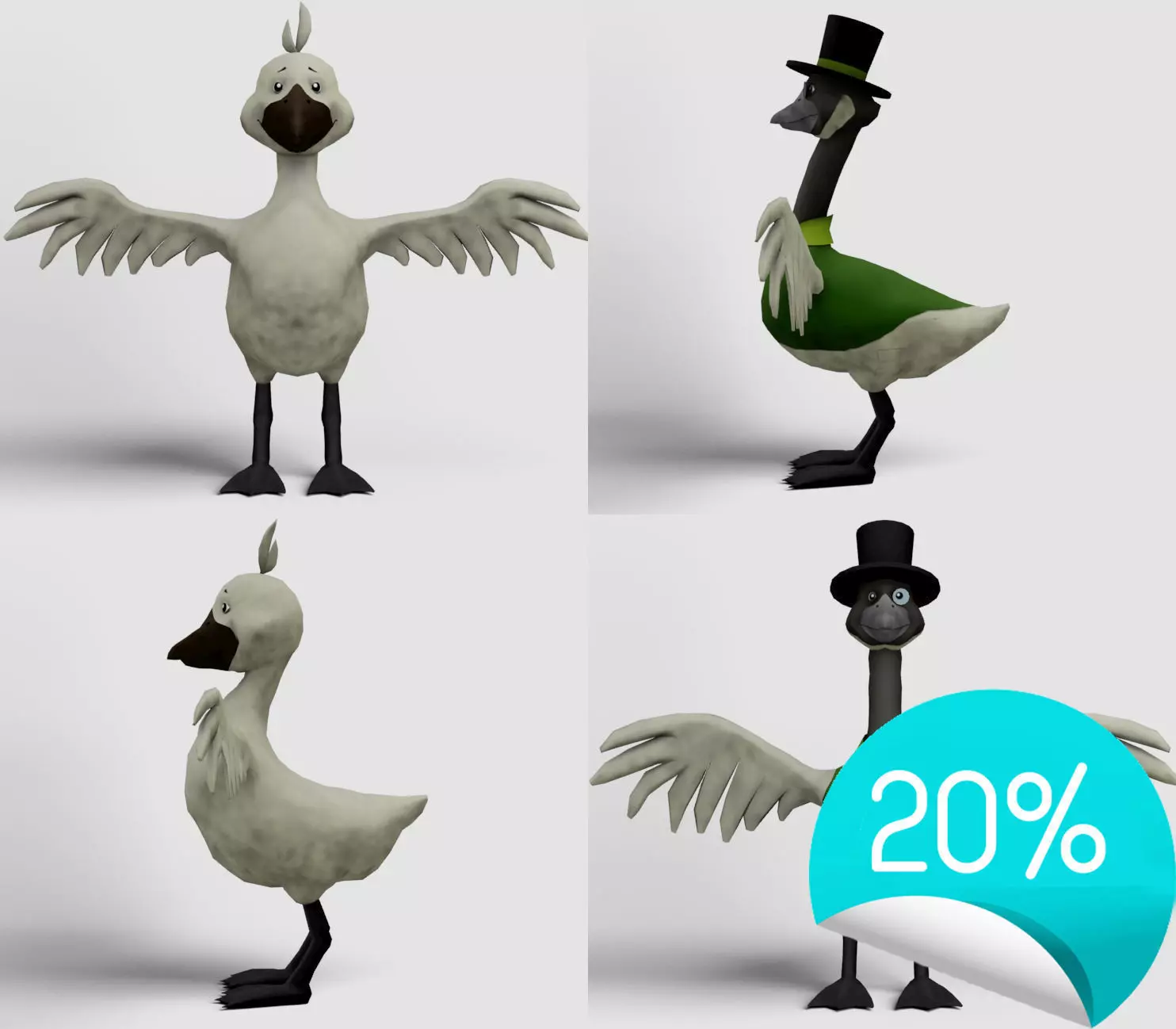 Cartoon goose pack Free low-poly 3D model