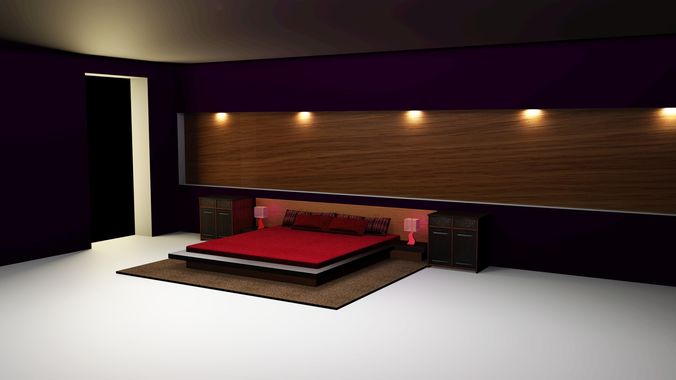Interior bedroom with bed and lights Low-poly 3D model