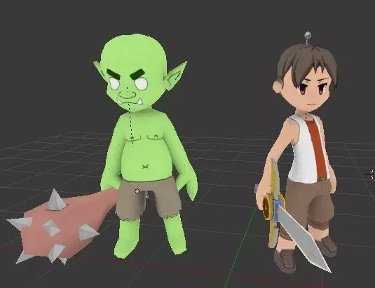 chibi anime style swordsman character and monster Free low-poly 3D model