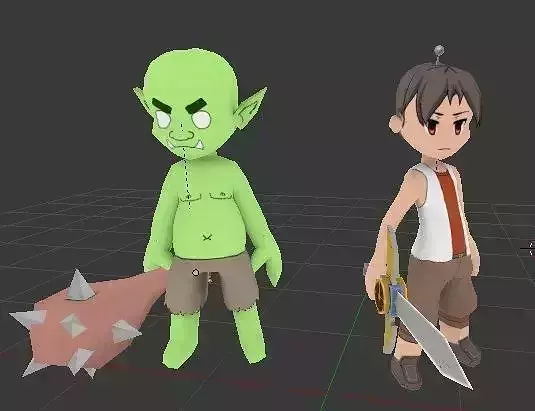 chibi anime style swordsman character and monster Free low-poly 3D model