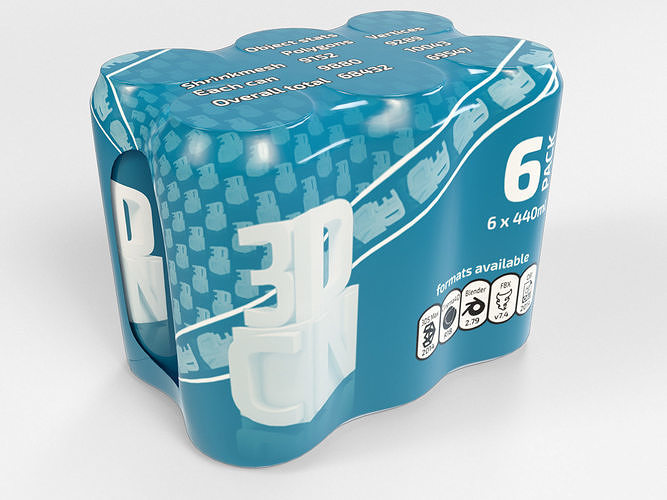 6 Pack 440ml cans in a plastic shrinkwrap 3D model