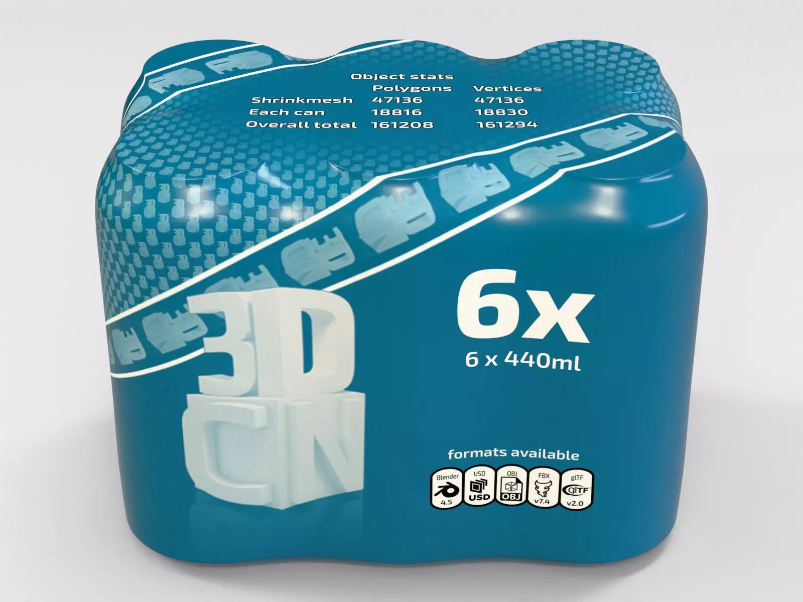6 Pack 440ml cans in a plastic shrinkwrap 3D model_2