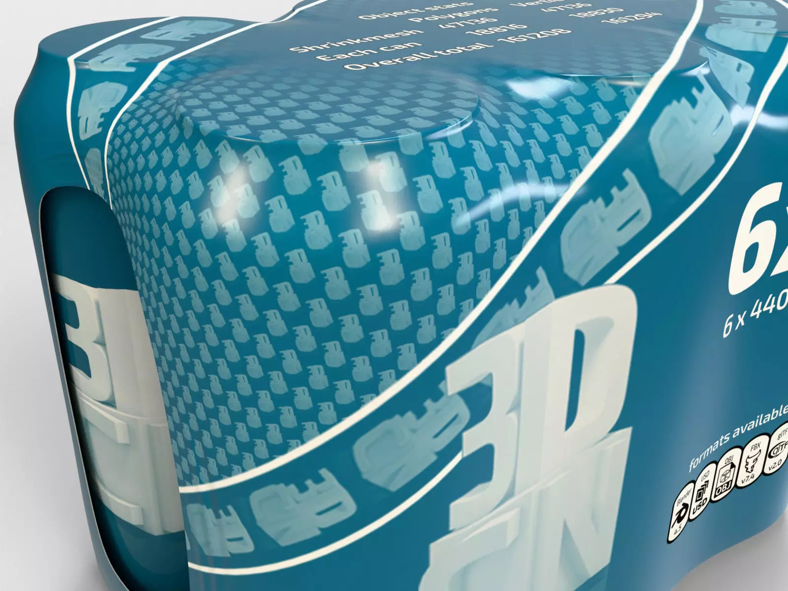 6 Pack 440ml cans in a plastic shrinkwrap 3D model_6