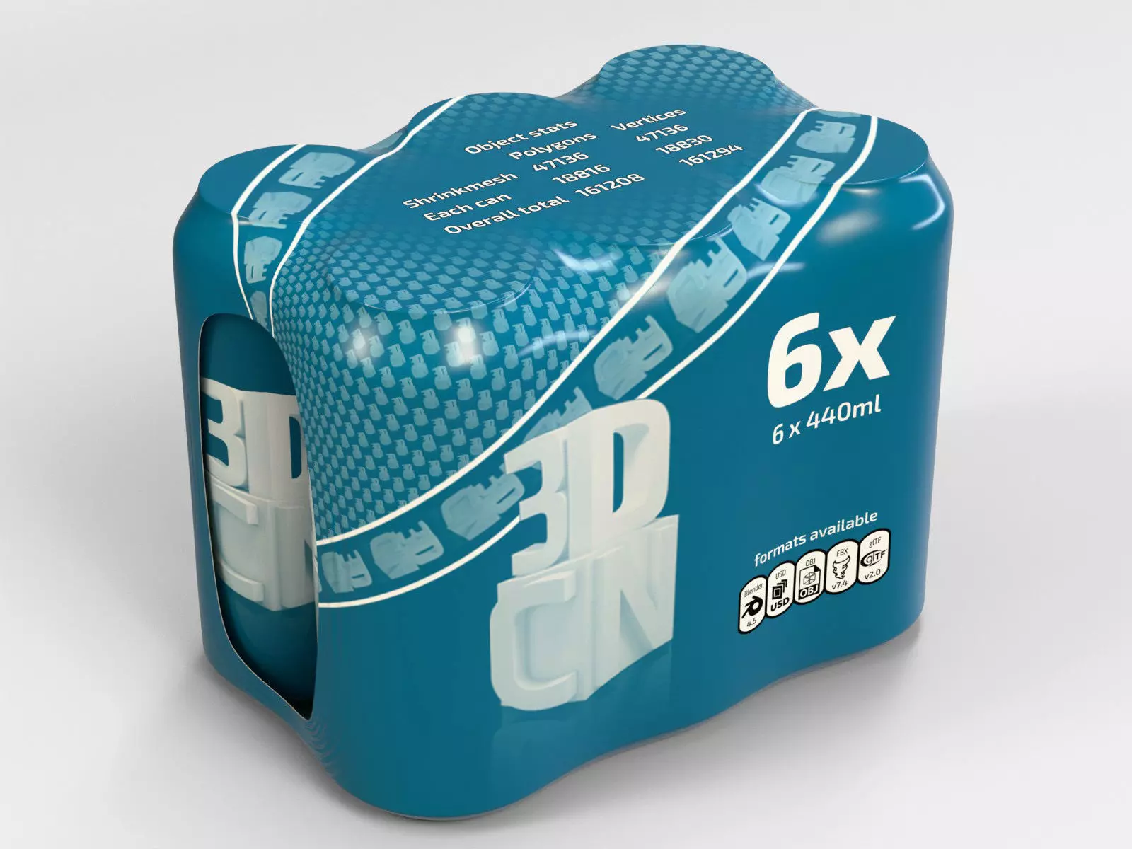 6 Pack 440ml cans in a plastic shrinkwrap 3D model_0