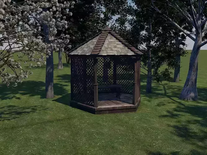 Gazebo in middle of grassy field