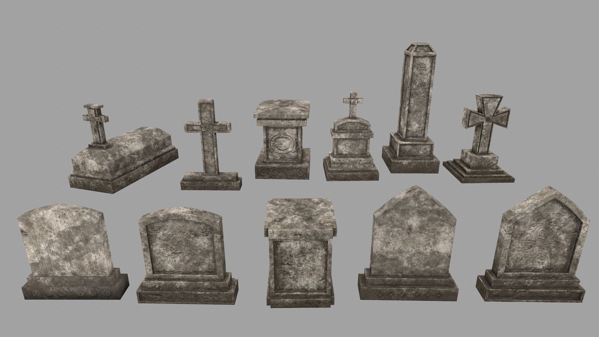 tombstone set gravestone with cross Low-poly 3D model_1