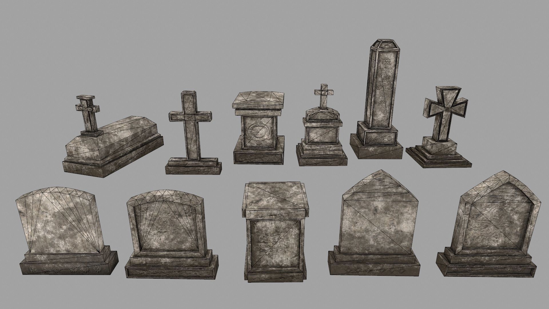 tombstone set gravestone with cross Low-poly 3D model_2