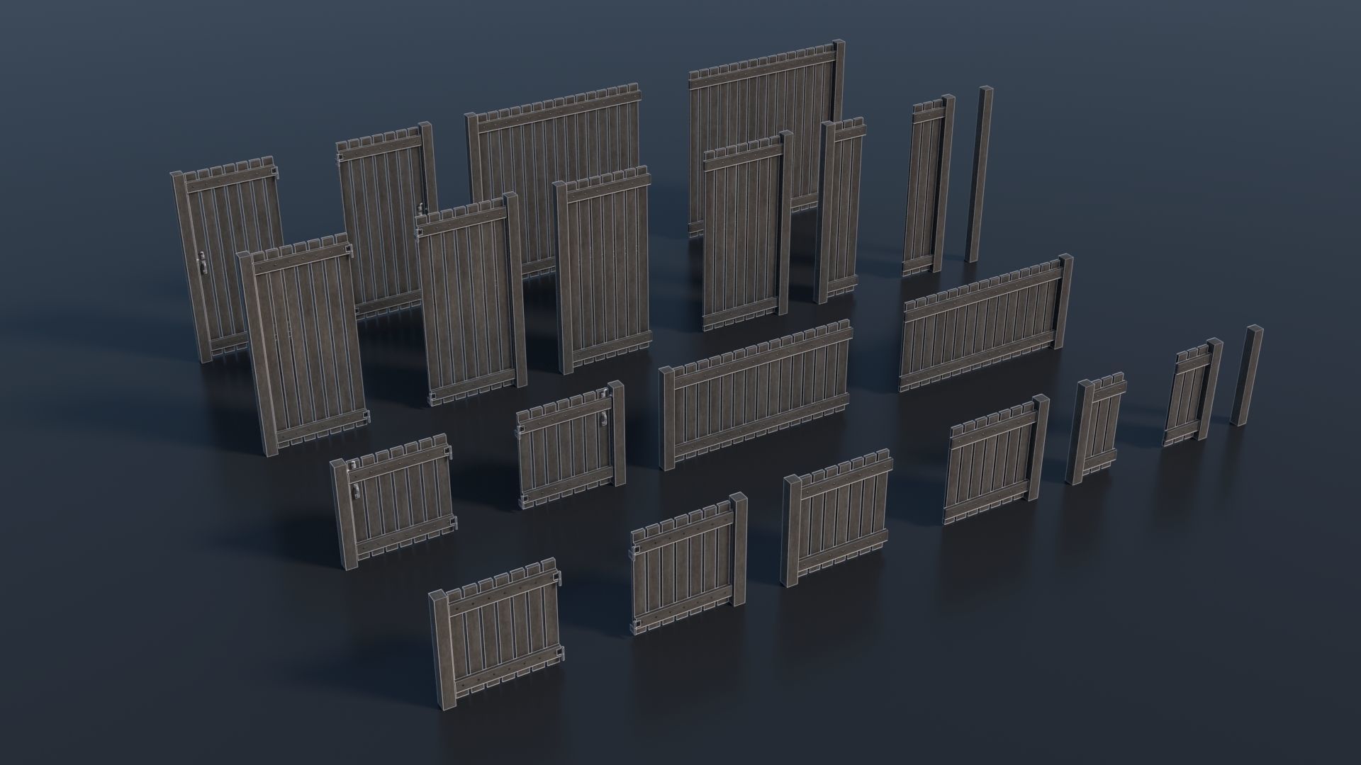 Low-poly Modular Wooden Fence set PBR Low-poly 3D model_7