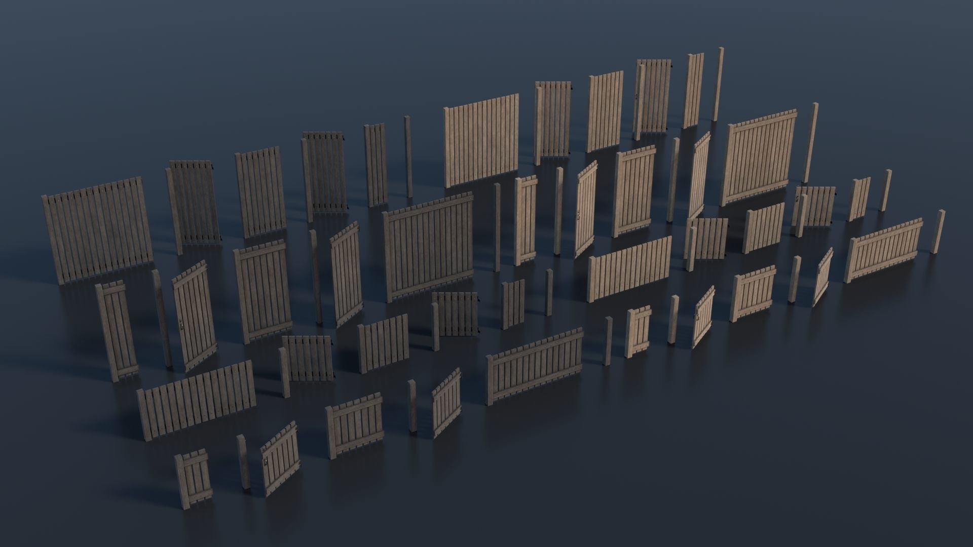 Low-poly Modular Wooden Fence set PBR Low-poly 3D model_3