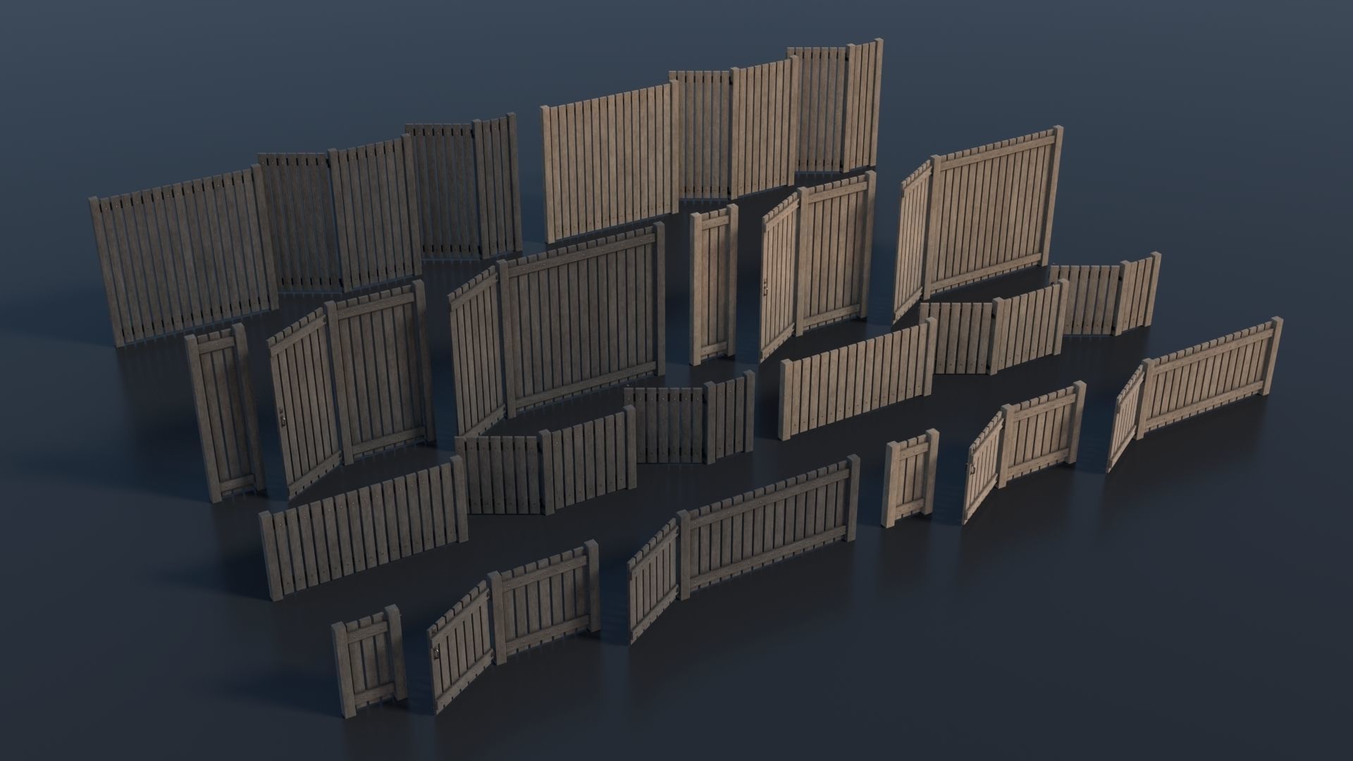 Low-poly Modular Wooden Fence set PBR Low-poly 3D model_1