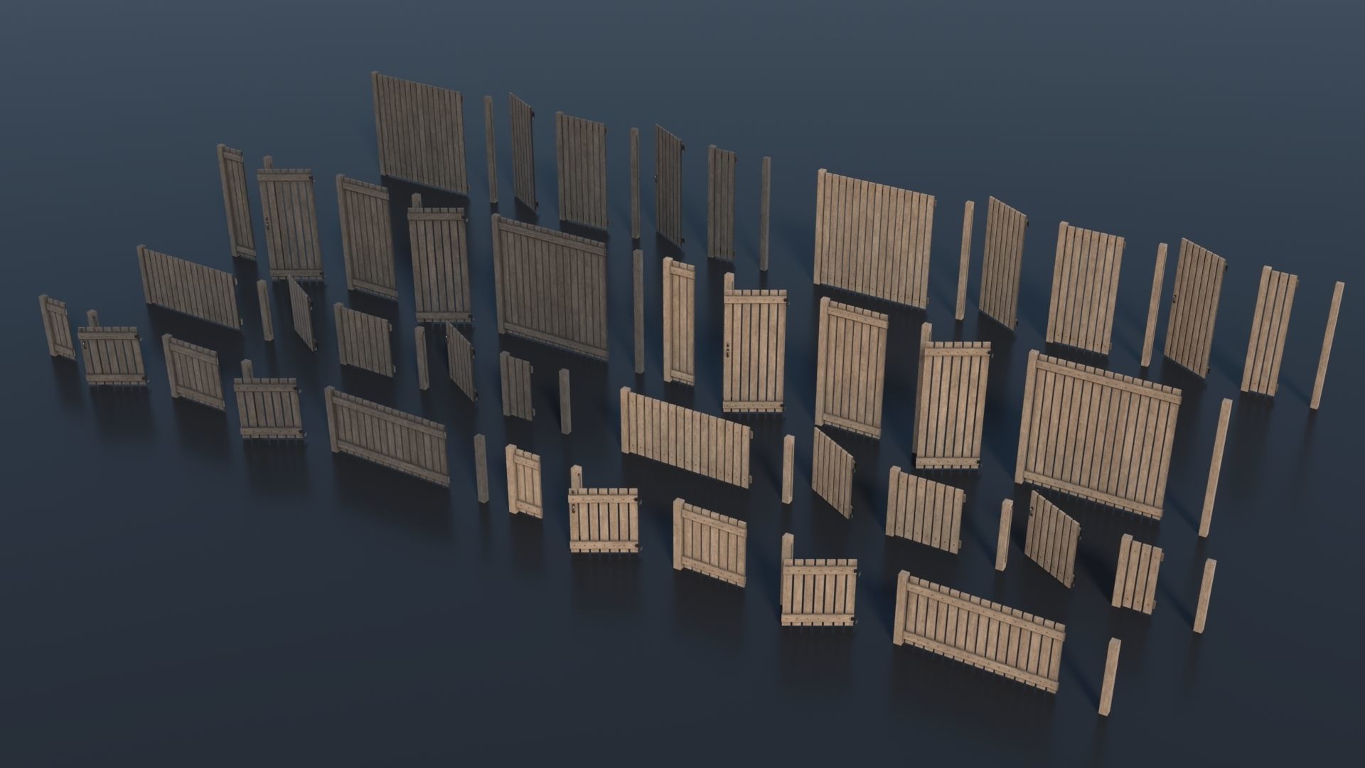 Low-poly Modular Wooden Fence set PBR Low-poly 3D model_2